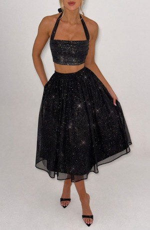 Babyboo Alani Midi Skirt Black Sparkle USA | 349-XHDGLA