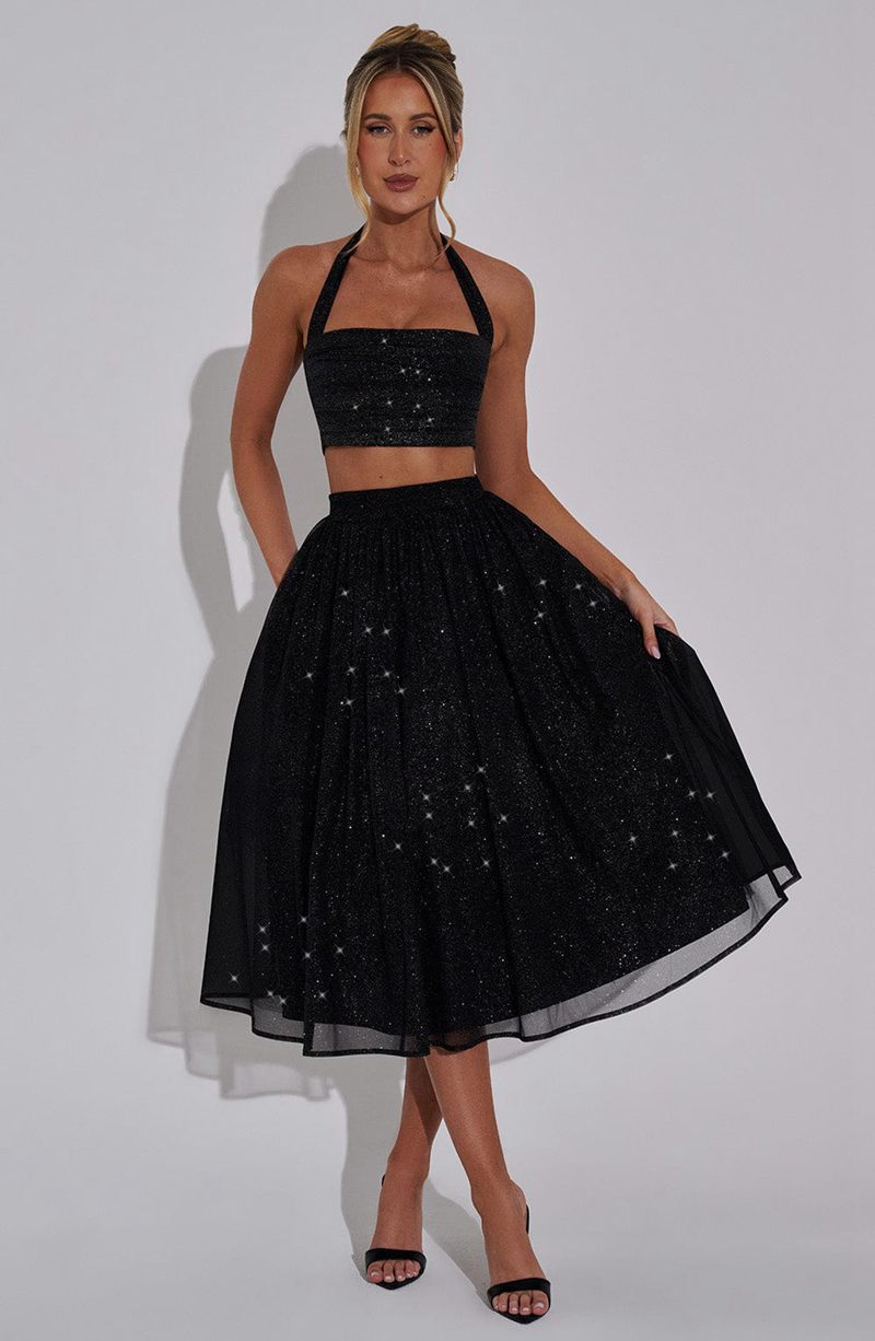 Babyboo Alani Midi Skirt Black Sparkle USA | 349-XHDGLA