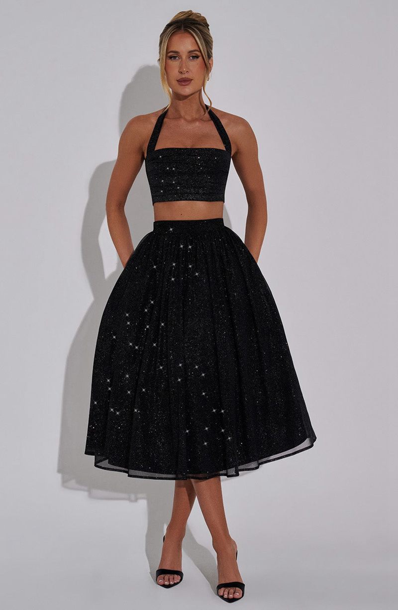 Babyboo Alani Midi Skirt Black Sparkle USA | 349-XHDGLA