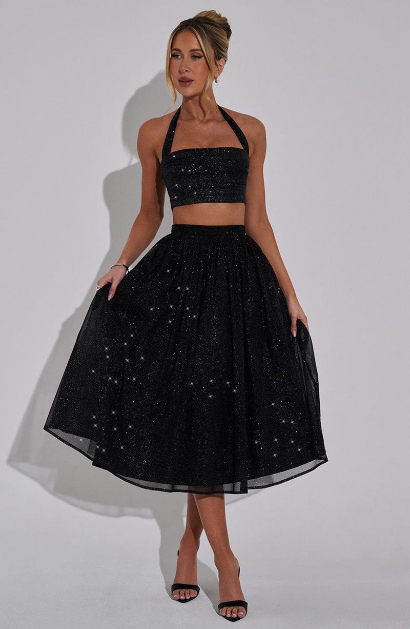 Babyboo Alani Midi Skirt Black Sparkle USA | 349-XHDGLA