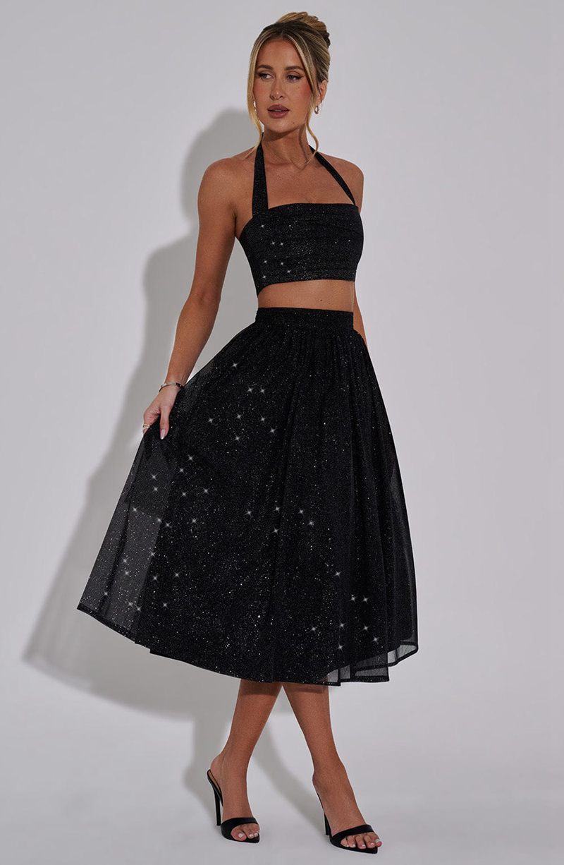 Babyboo Alani Midi Skirt Black Sparkle USA | 349-XHDGLA