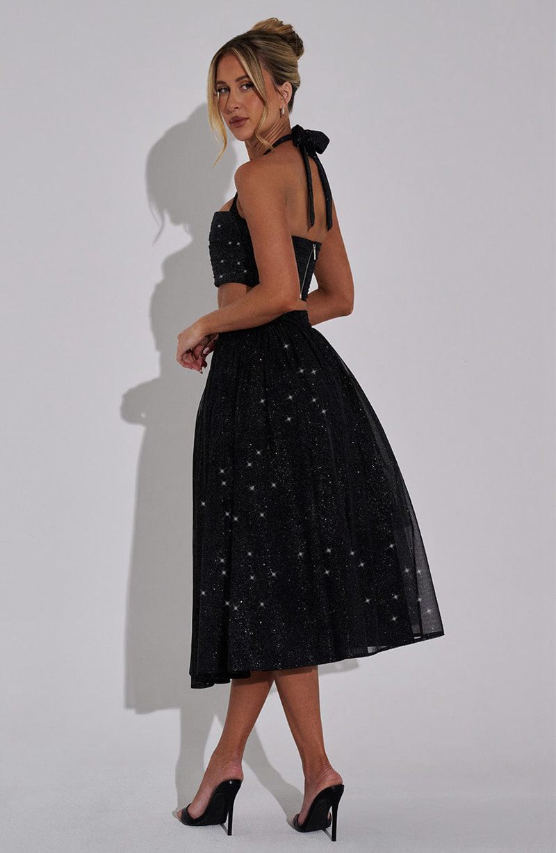 Babyboo Alani Midi Skirt Black Sparkle USA | 349-XHDGLA