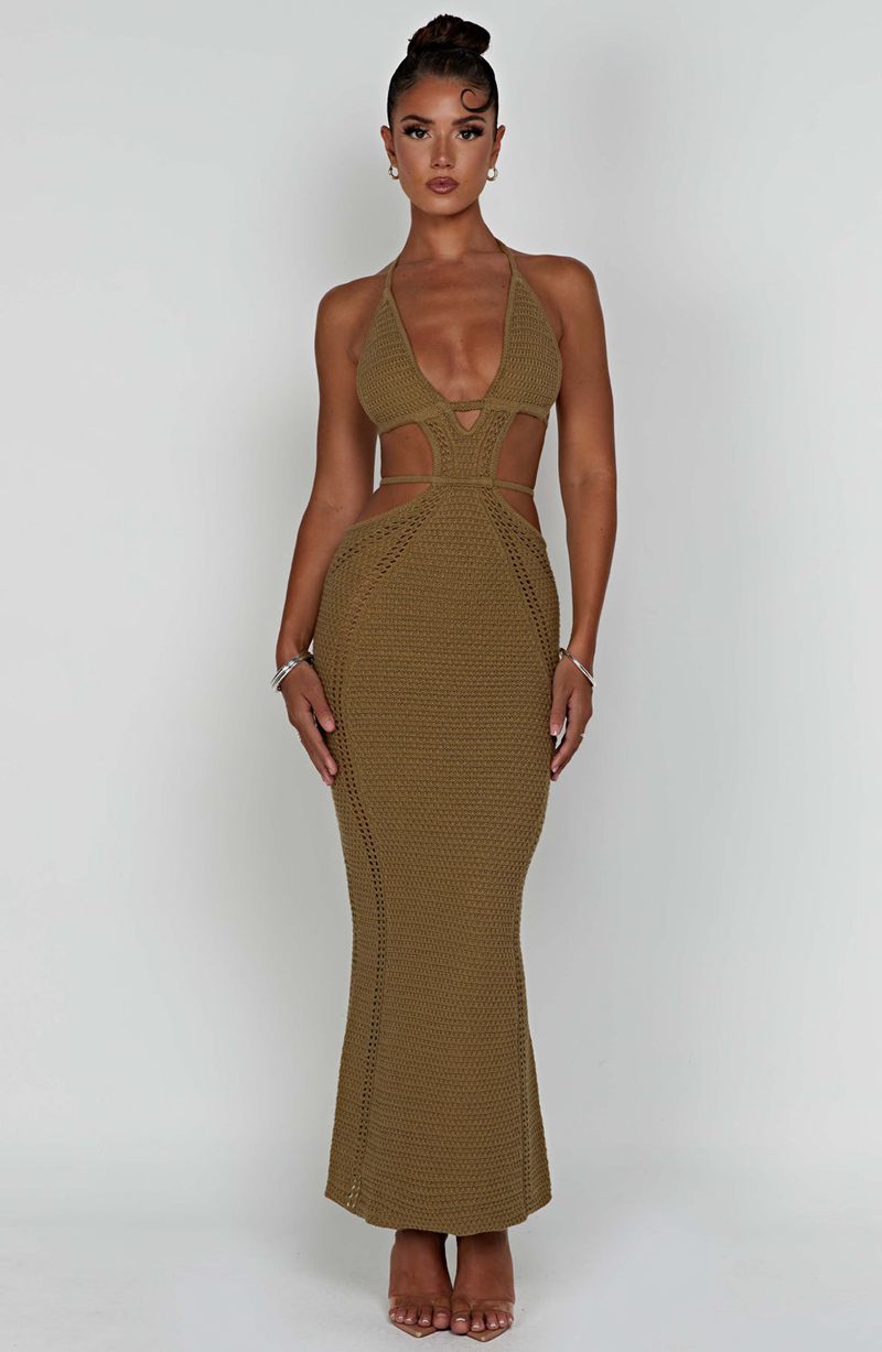 Babyboo Arabella Maxi Dress Khaki USA | 542-MYLEAN