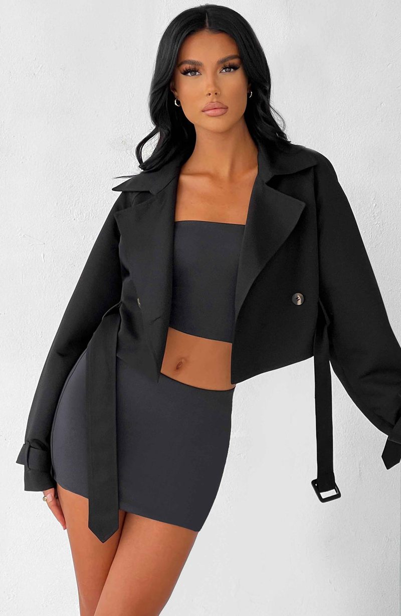 Babyboo Caprice Cropped Trench Coat Black USA | 132-MTJWZE