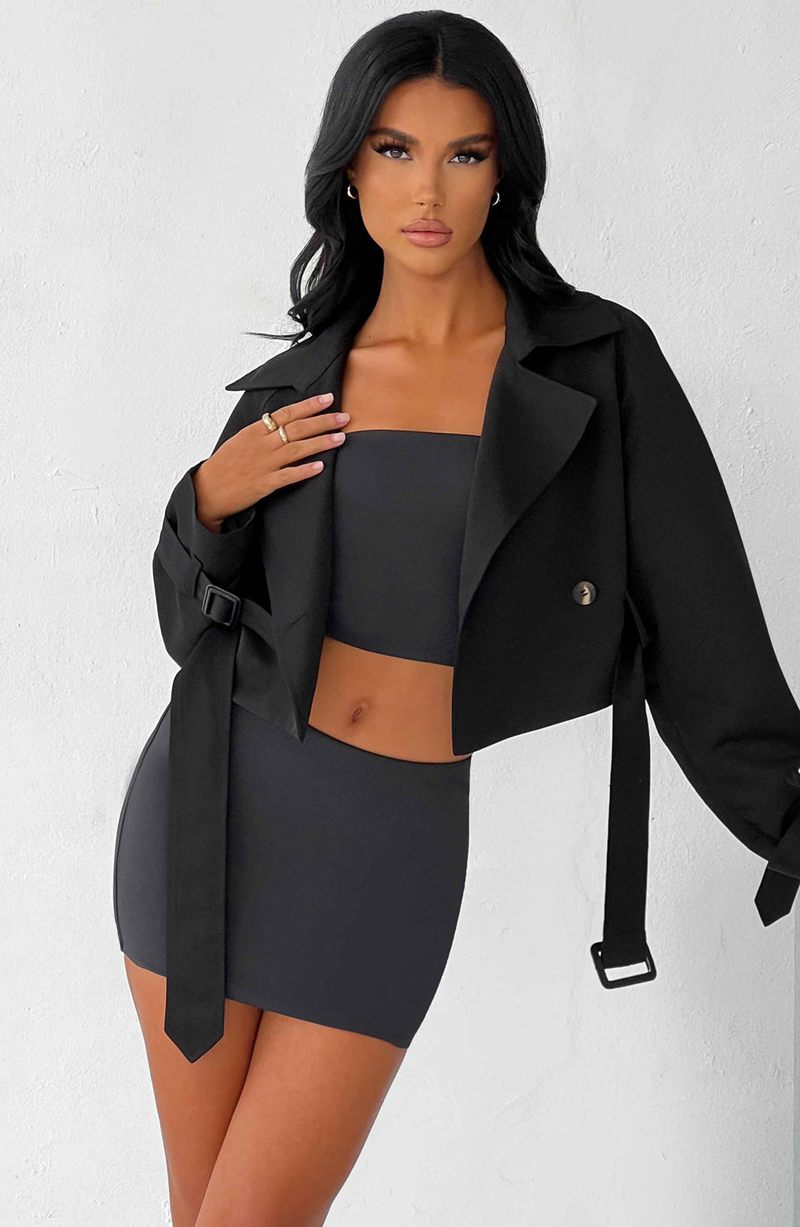 Babyboo Caprice Cropped Trench Coat Black USA | 132-MTJWZE