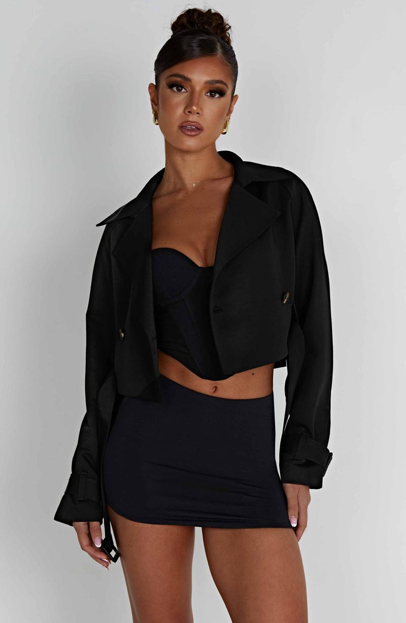 Babyboo Caprice Cropped Trench Coat Black USA | 132-MTJWZE