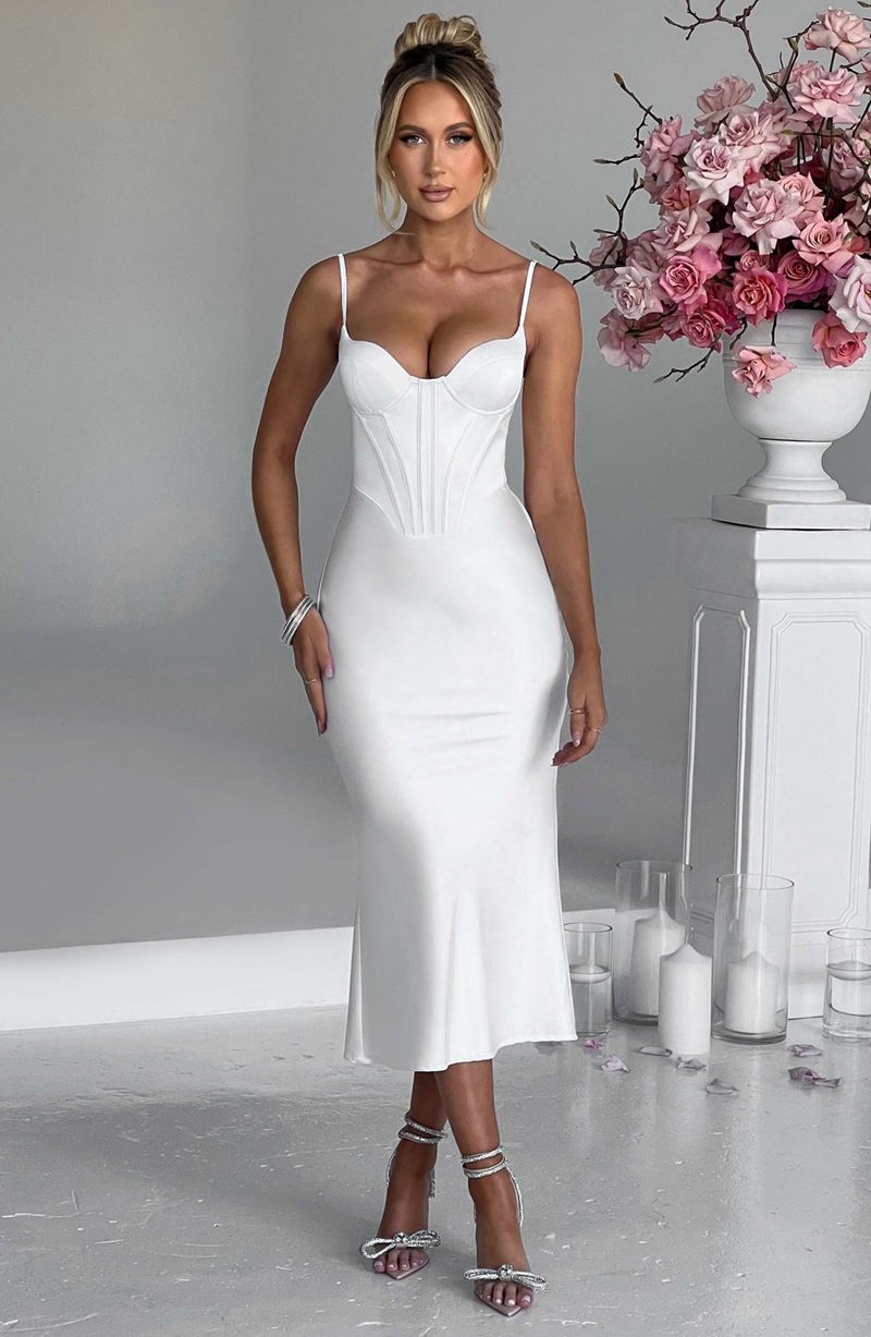 Babyboo Farrah Midi Dress White USA | 520-ZNXSJU