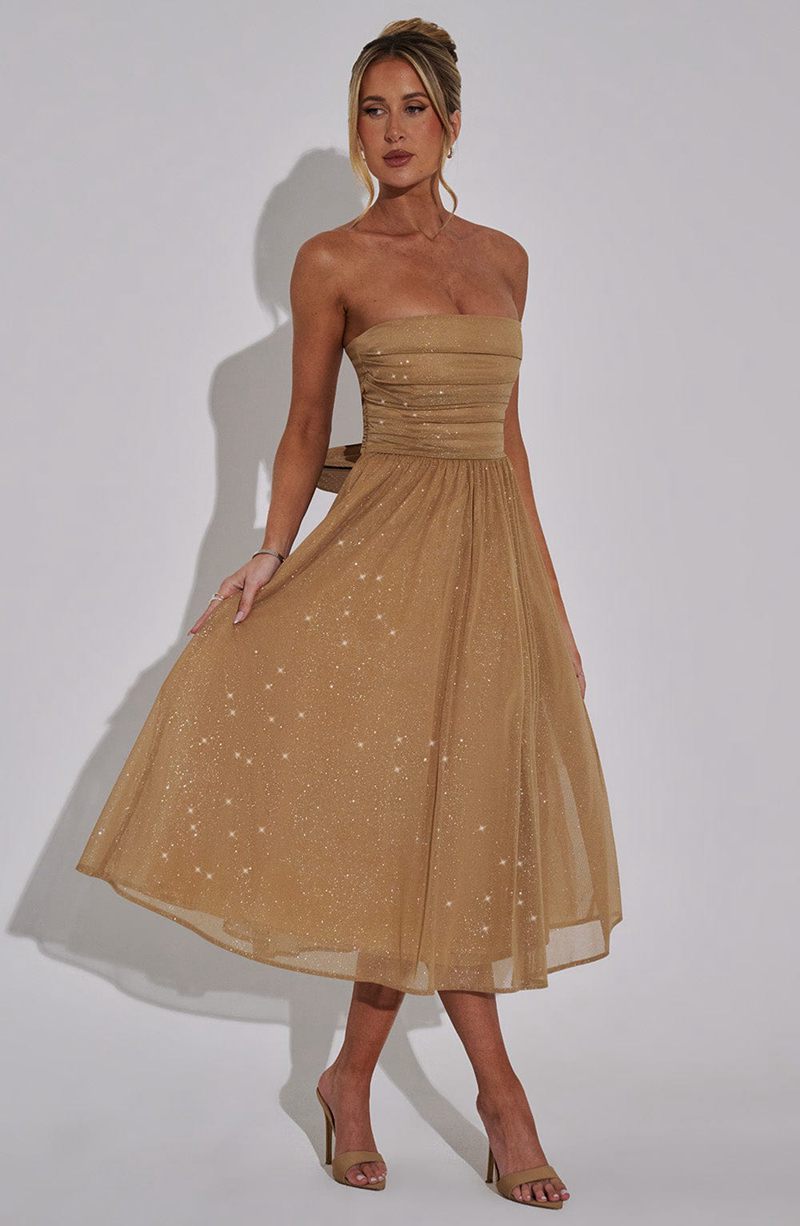 Babyboo Marissa Midi Dress Gold Sparkle USA | 305-HLJOTY