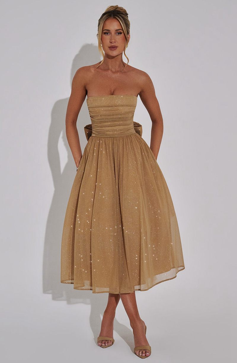 Babyboo Marissa Midi Dress Gold Sparkle USA | 305-HLJOTY