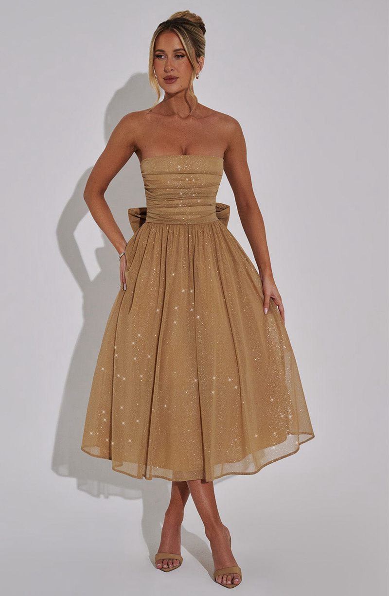 Babyboo Marissa Midi Dress Gold Sparkle USA | 305-HLJOTY