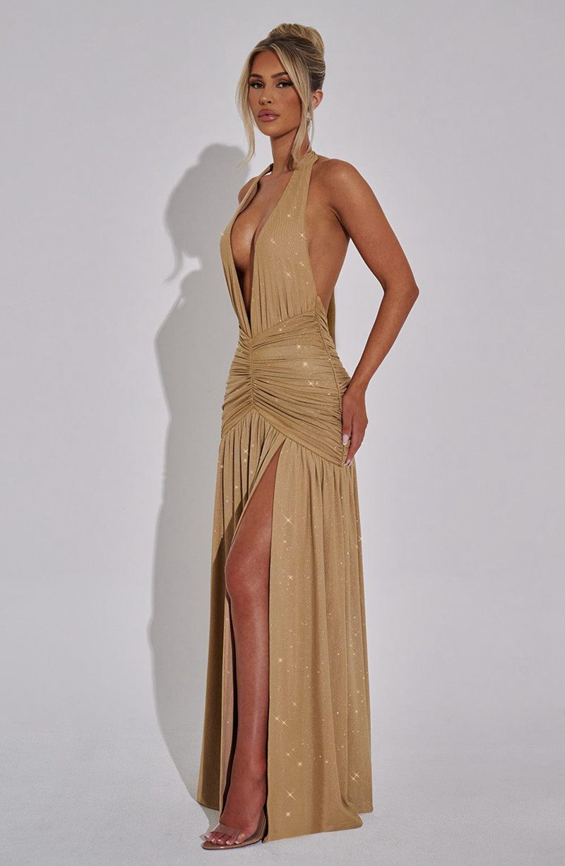 Babyboo Melania Maxi Dress Gold Sparkle USA | 760-ZRVYQJ