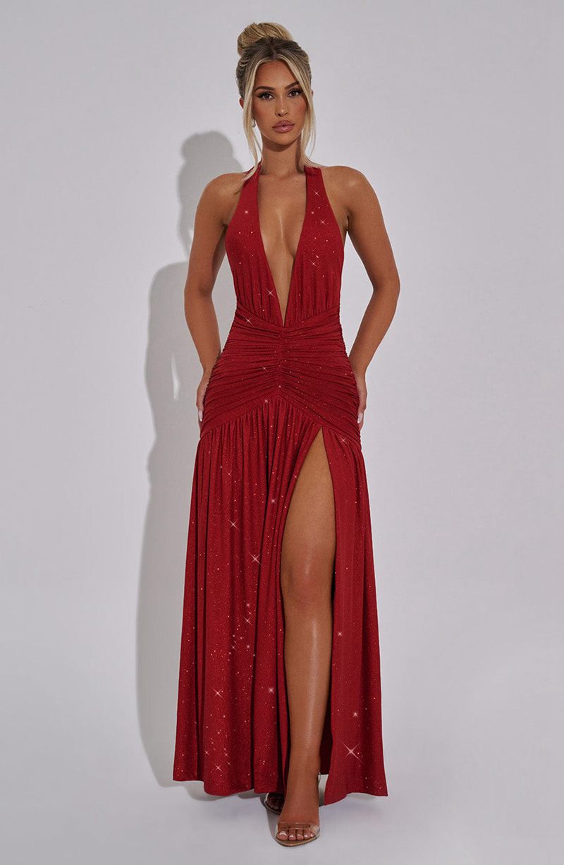 Babyboo Melania Maxi Dress Red Sparkle USA | 789-VLPGMW